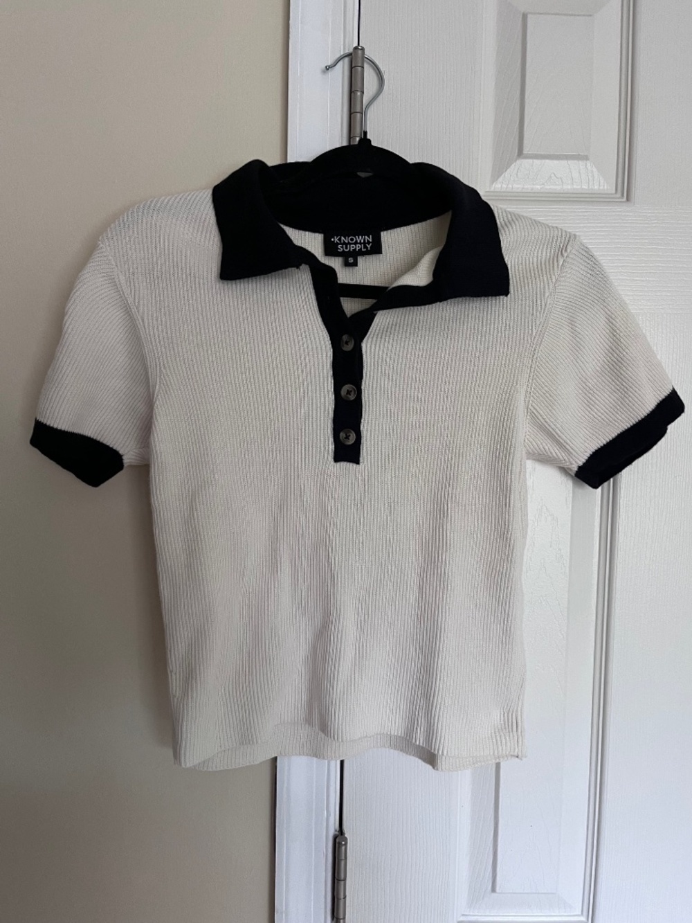Known Supply Zuri Knit Button Up Polo Top in Pearl/Black